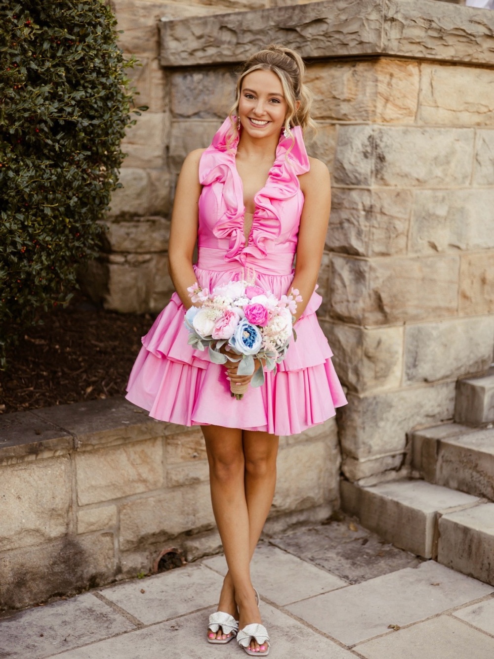 Sherri Hill Stunning Pink Ruffled Mini Homecoming Dress